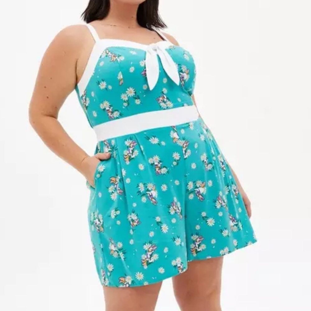 torrid Teal Floral Tie-Front Romper with White Accents
